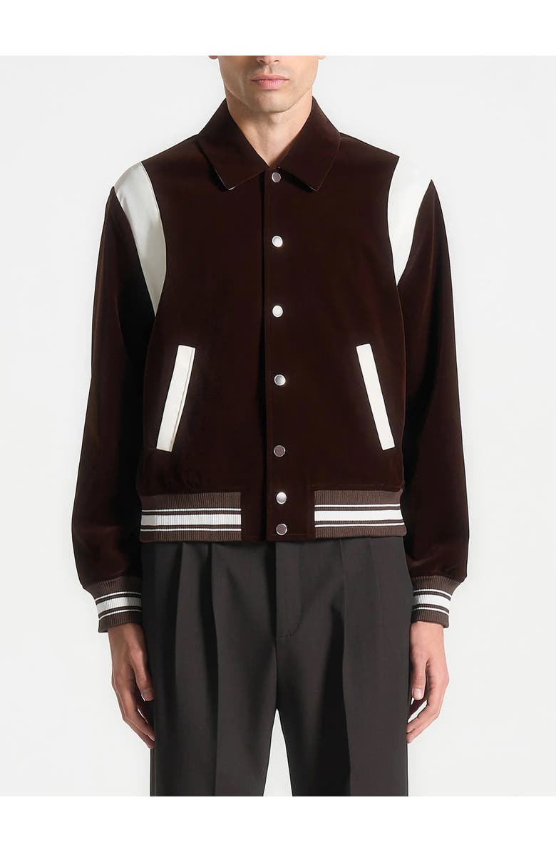 Manière De Voir Nico Velvet & Satin Varsity Jacket, Alternate, color, Brown