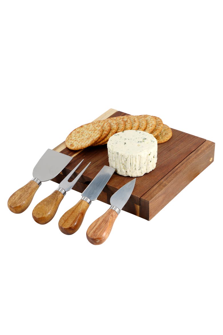 Acacia Wood 5 Piece Square Cheese Board with Knife Set, Main, color, Acacia