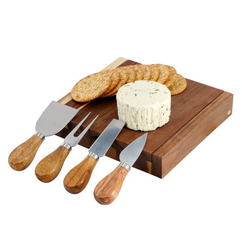 Acacia Wood 5 Piece Square Cheese Board with Knife Set