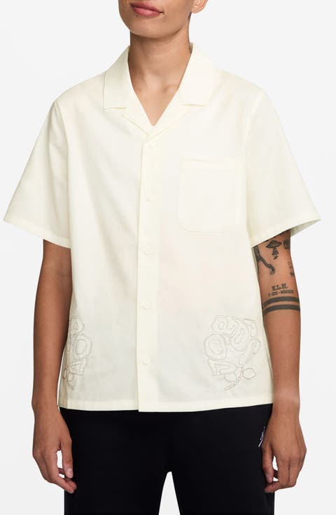 Rose Embroidered Cotton Camp Shirt