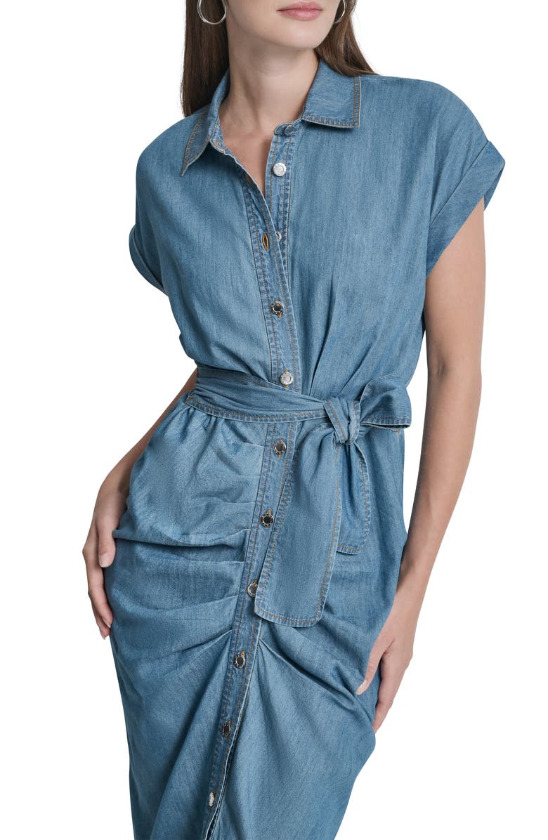 DKNY Ruched Belted Denim Shirtdress, Alternate, color, Downtown