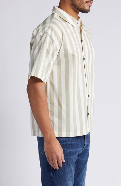 Frame Printed Button Front Short Sleeve Camp Shirt In Smoke Beige Stripe