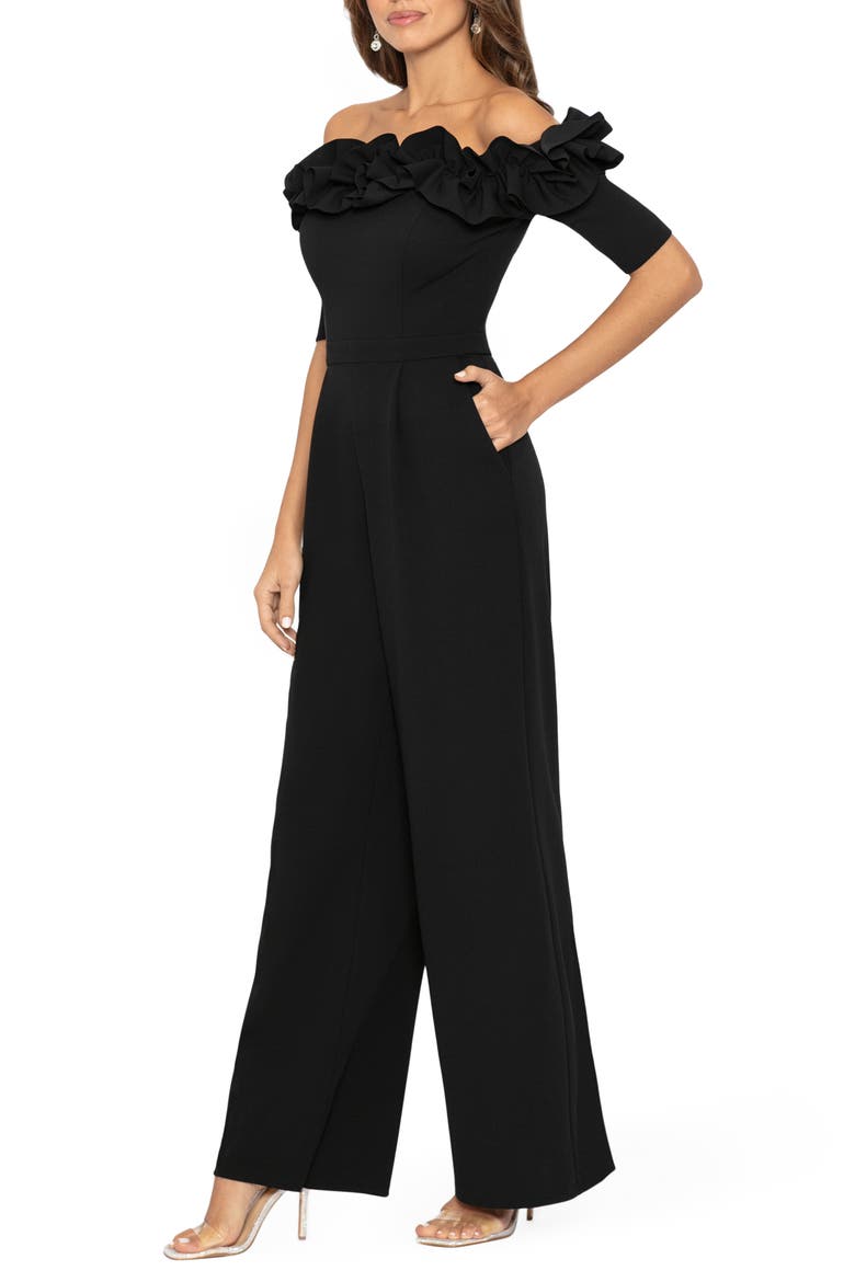 Ruched Ruffle Scuba Crepe Jumpsuit, Alternate, color, BLACK