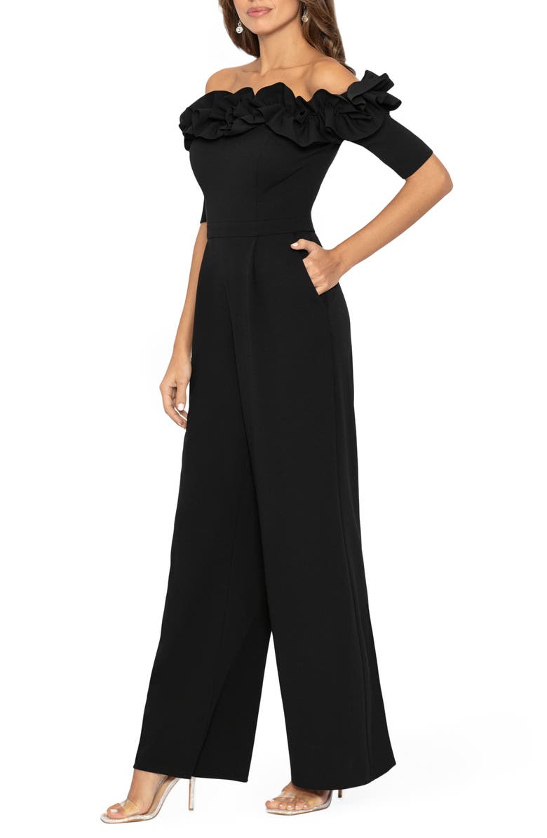Xscape Evenings Ruched Ruffle Scuba Crepe Jumpsuit, Alternate, color, 