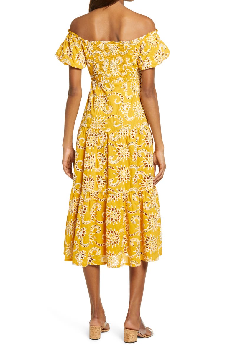 Off the Shoulder Tiered Midi Dress, Alternate, color, MUSTARD