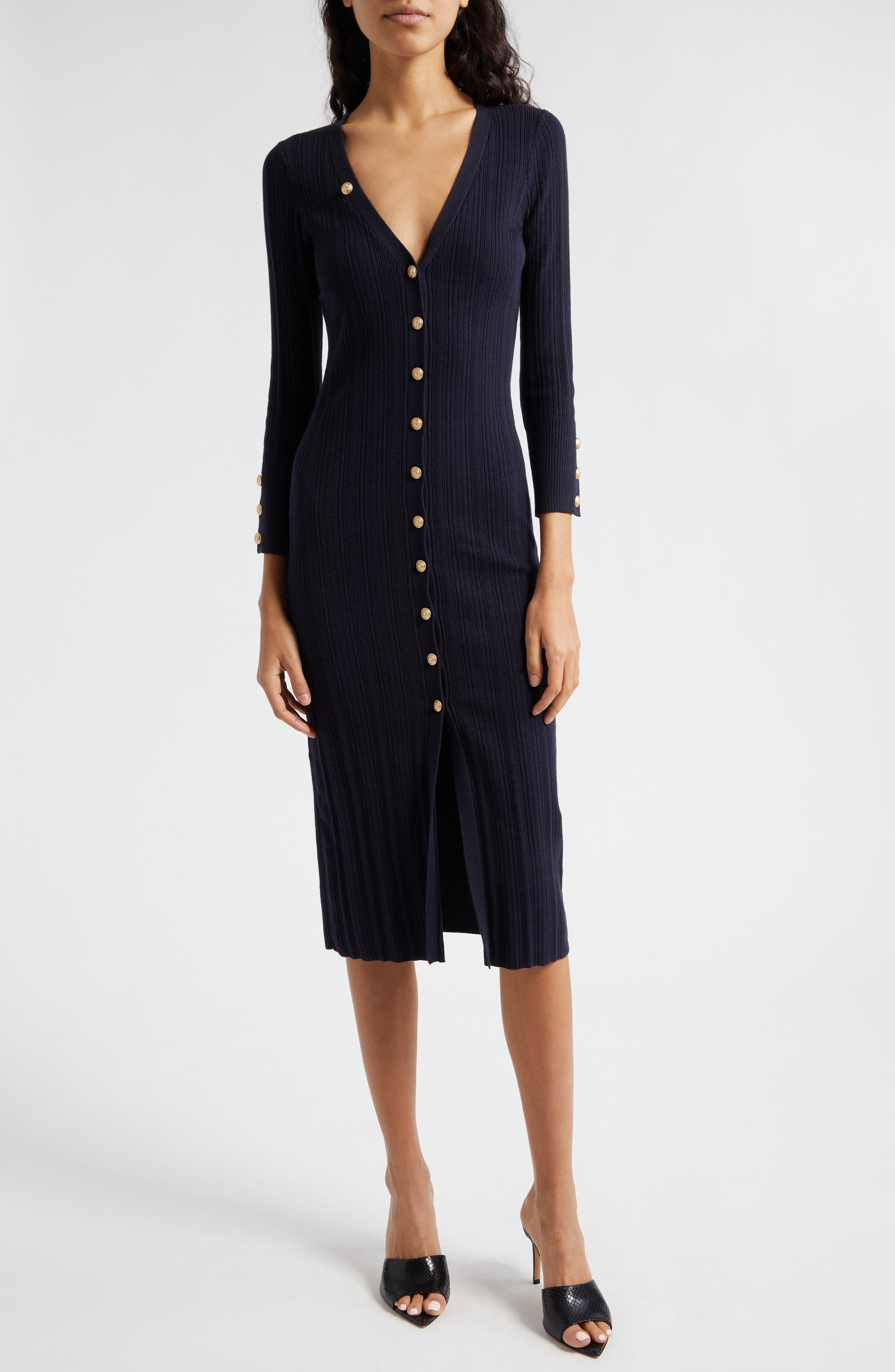 L'AGENCE Kyra Rib Three-Quarter Sleeve Sweater Dress