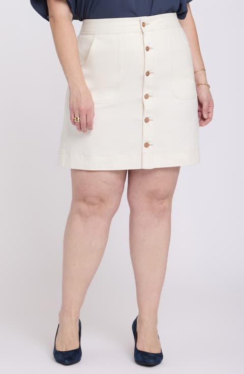 High Waist A-Line Denim Utility Skirt (Vintage White) (Plus)