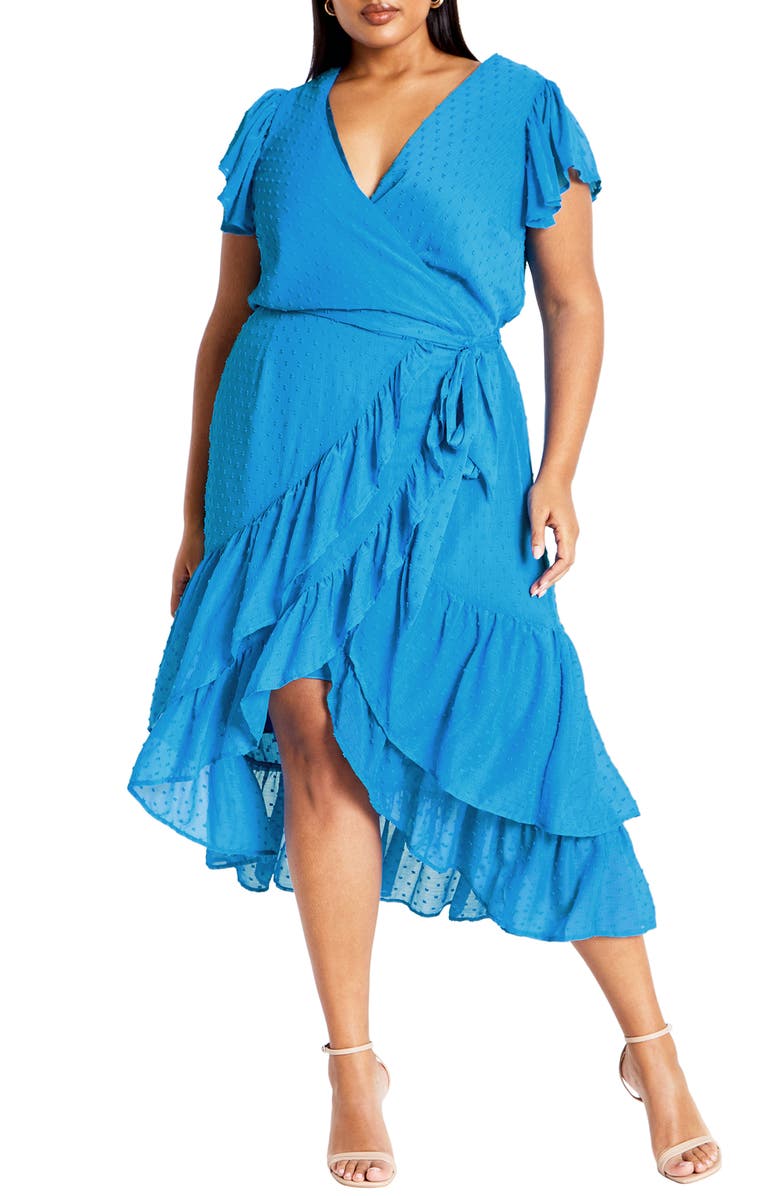 City Chic Clip Dot Wrap Front Dress, Main, color, Cornflower