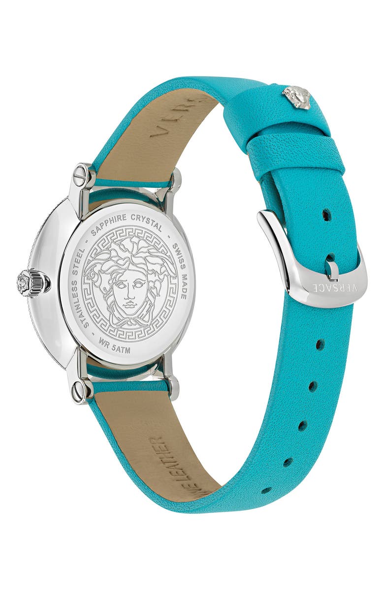 Versace Swiss Quartz Leather Strap Watch, 35mm, Alternate, color, Stainless Steel