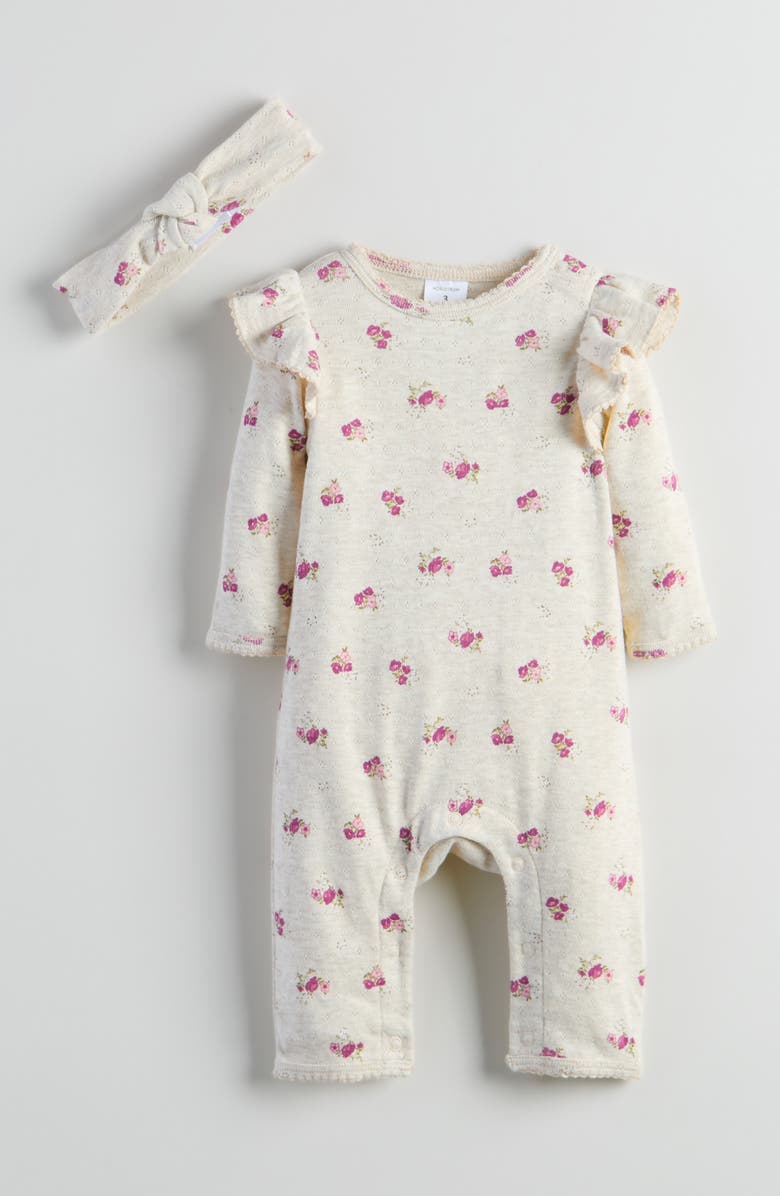 Nordstrom Pointelle Romper & Headband Set, Main, color, Beige Light Haliey Floral