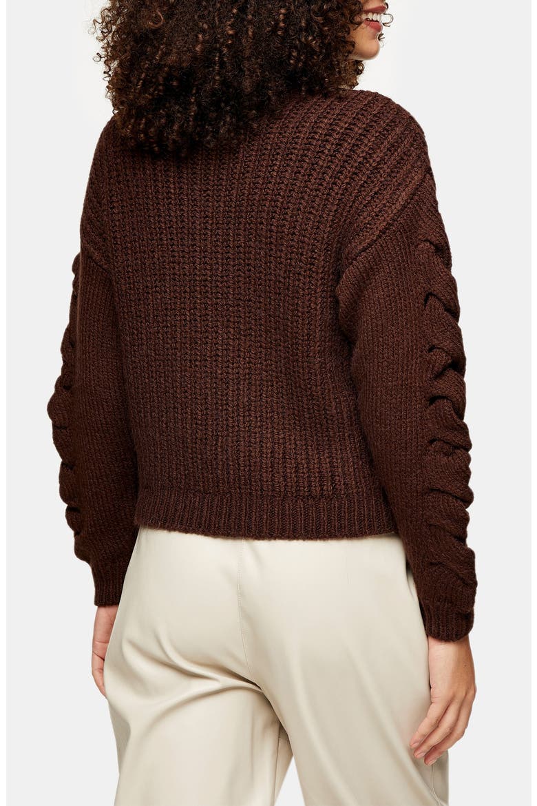 Cable Knit Sleeve Turtleneck Sweater, Alternate, color, DARK BROWN