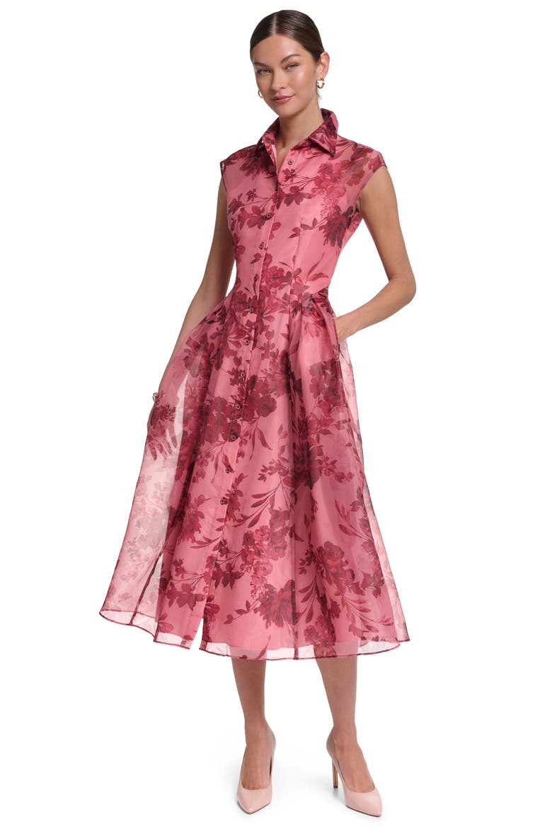 Cap Sleeve Floral Printed Organza Midi Dress, Main, color, Pink Floral Multi