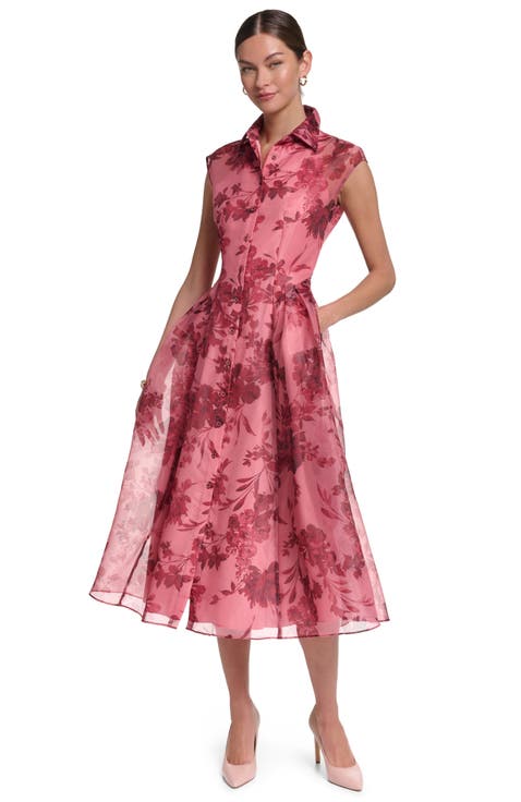 Cap Sleeve Floral Printed Organza Midi Dress