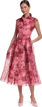 HALSTON Cap Sleeve Floral Printed Organza Midi Dress