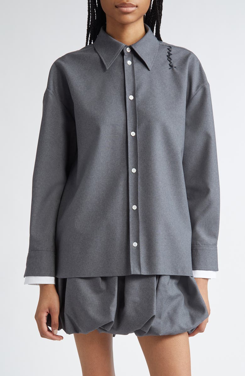 Marni Logo Embroidered Oversize High-Low Button-Up Shirt, Main, color, Graphite/ Black