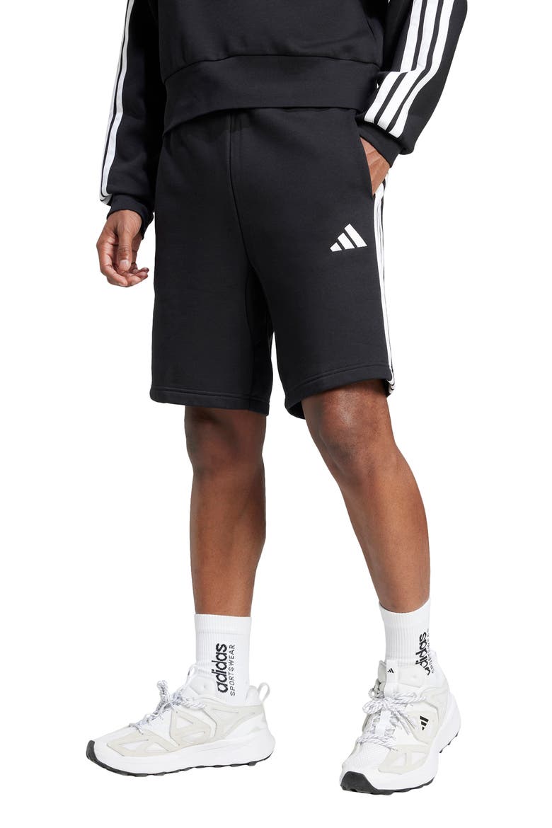 Essentials 3-Stripes Fleece Shorts, Main, color, BLACK/WHIT
