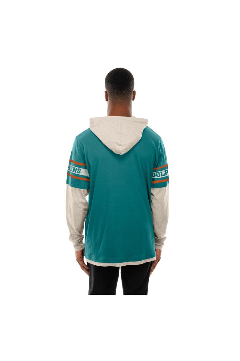 Men's New Era  Aqua Miami Dolphins Twofer Layered Long Sleeve Hoodie T-Shirt, Alternate, color, Aqua
