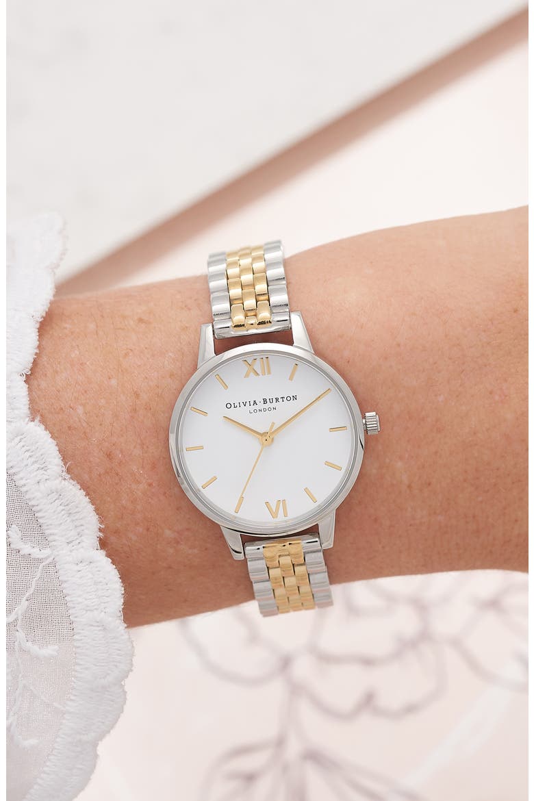 Midi Round Bracelet Watch, 30mm, Alternate, color, SILVER/ WHITE/ ROSE GOLD