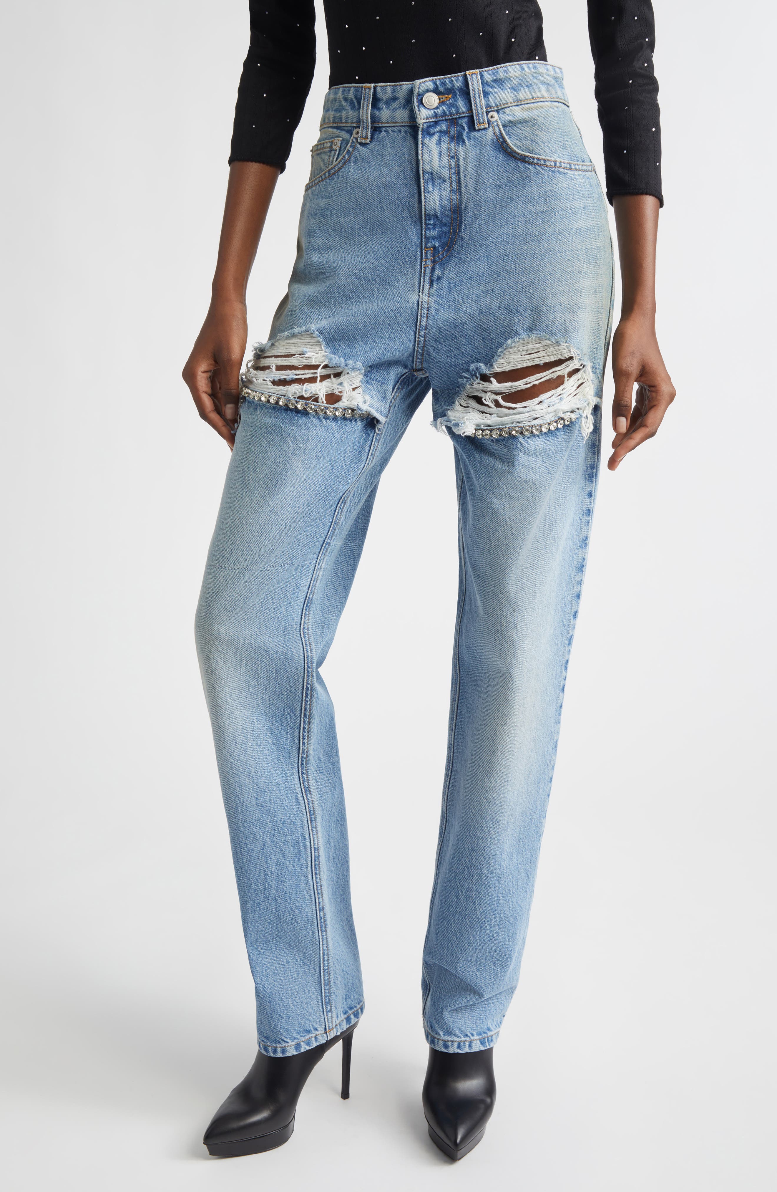Crystal Slit Frayed Straight Leg Jeans
