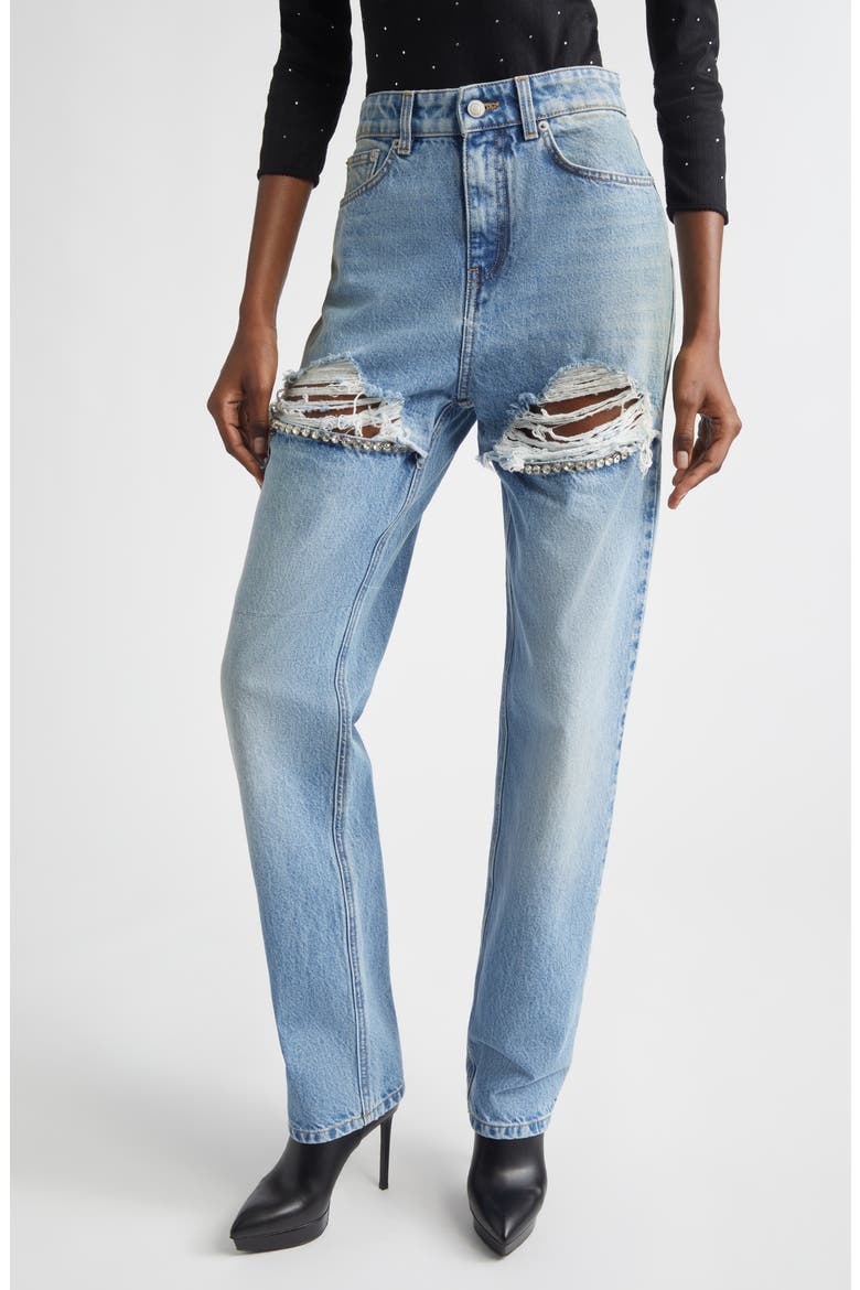 Crystal Slit Frayed Straight Leg Jeans, Main, color, MEDIUM BLUE