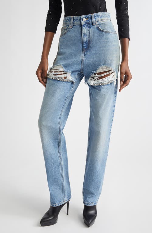 Area Crystal Slit Frayed Straight Leg Jeans In Blue
