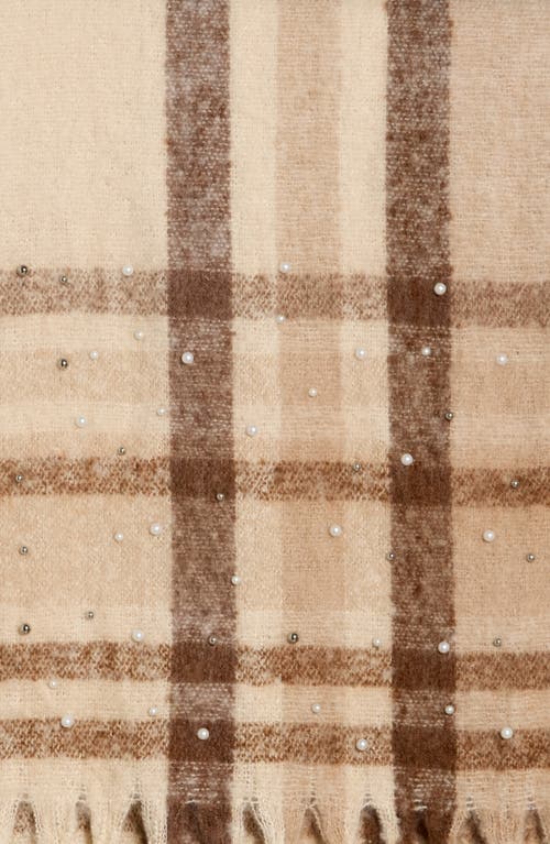 Nanette Lepore Faux Pearl Plaid Fuzzy Scarf In Brown