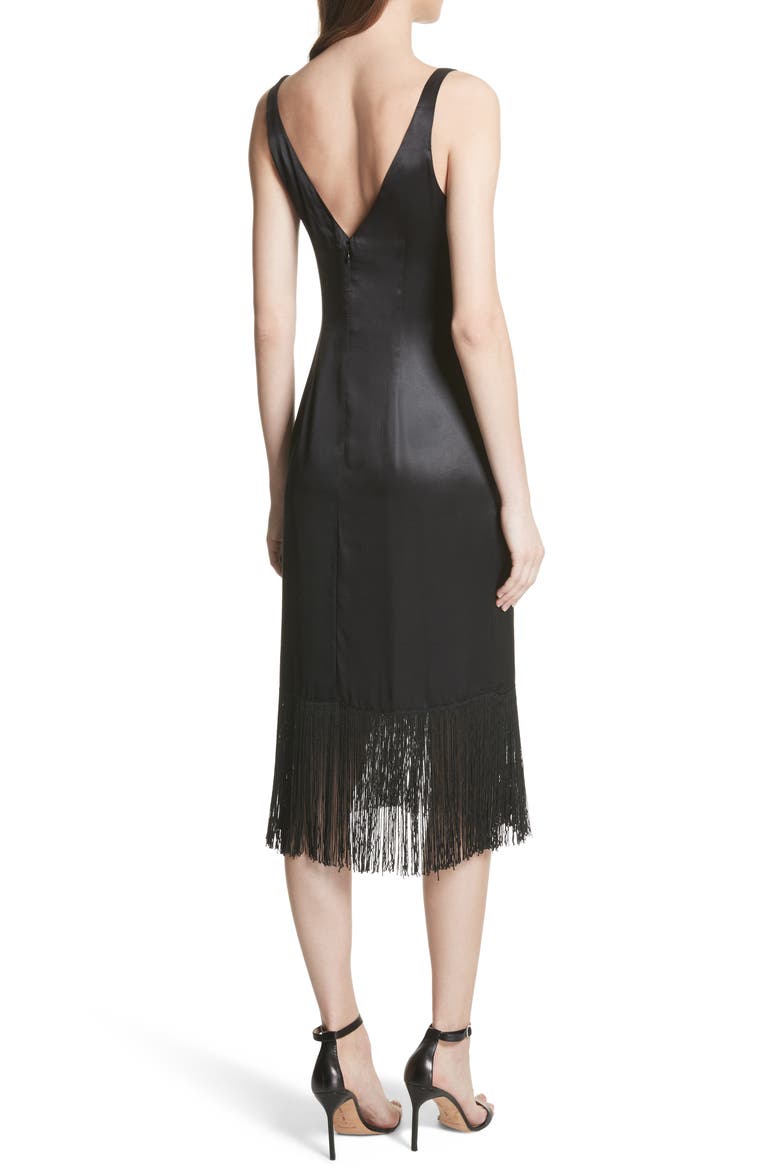 Fringe Silk Midi Dress, Alternate, color, BLACK