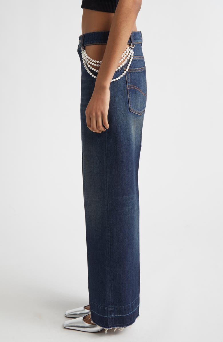 Stella McCartney Faux Pearl Embellished Cutout Release Hem Straight Leg Jeans, Alternate, color, Dark Blue