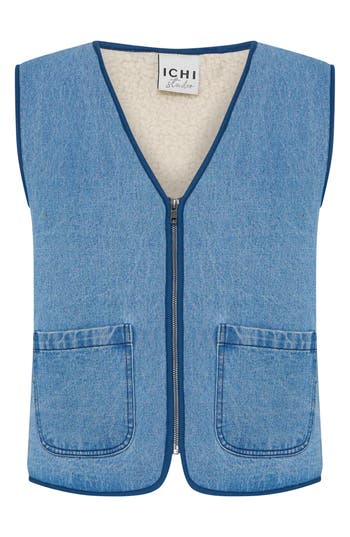 Ichi Faux Shearling Lined Vest In Denim Blue