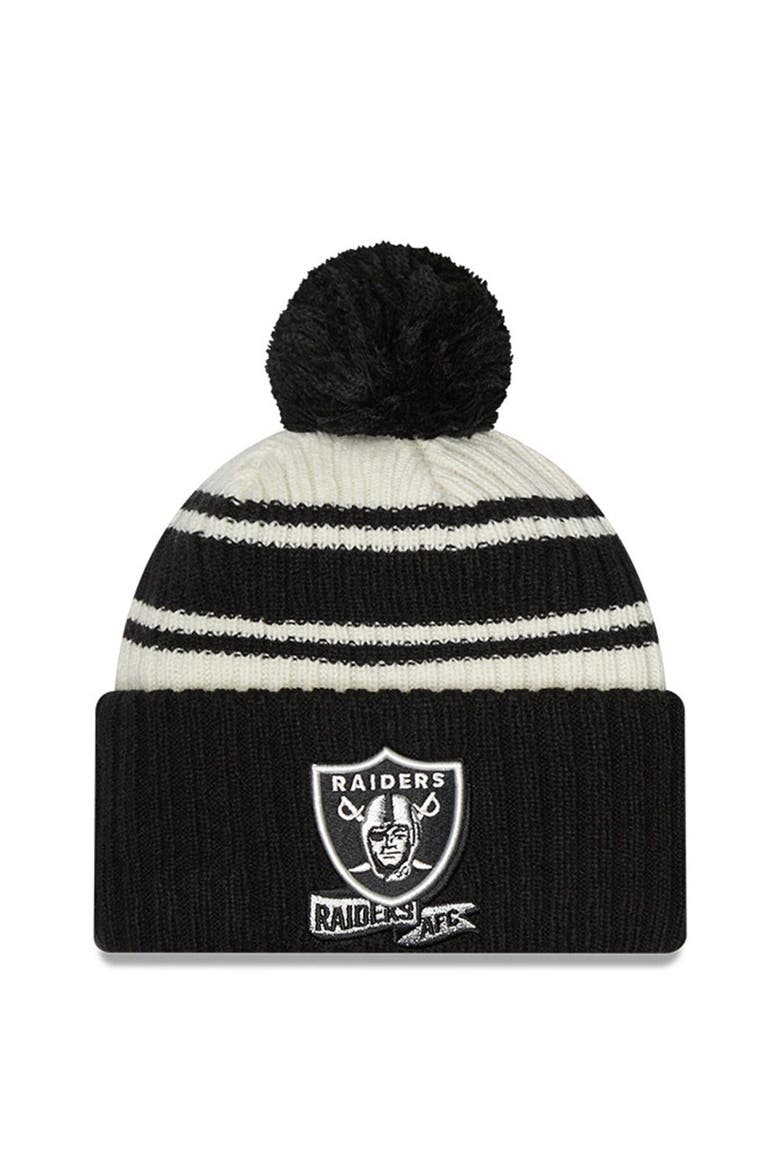 Men's New Era Cream/Black Las Vegas Raiders 2022 Sideline Sport Cuffed Pom Knit Hat, Main, color, Cream