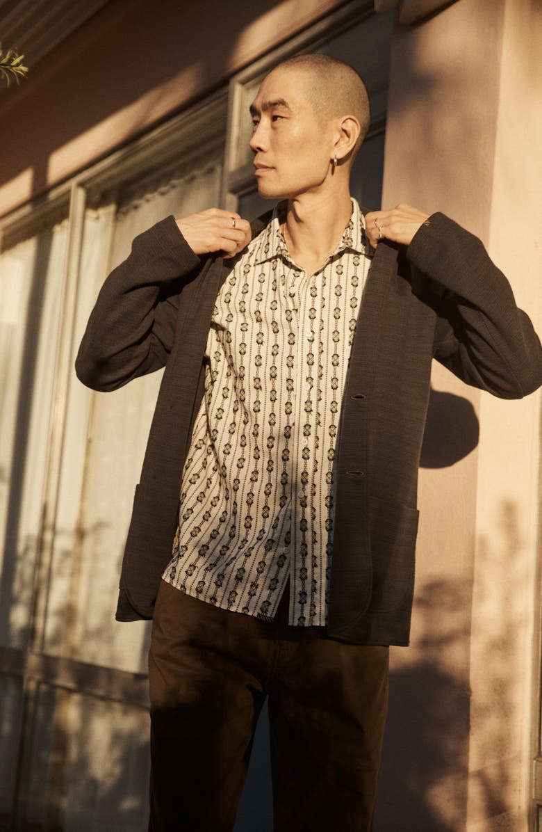 Billy Reid BoucléTrim Short Sleeve Button-Up Shirt, Alternate, color, Black/ White