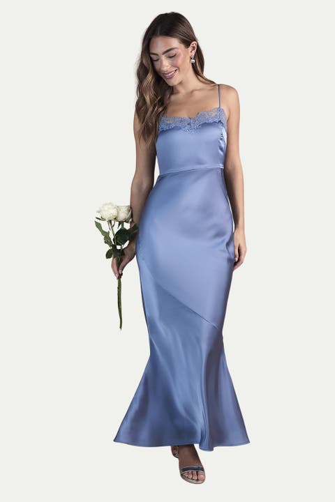 Lace Trim Strappy Satin Bridesmaid Dress
