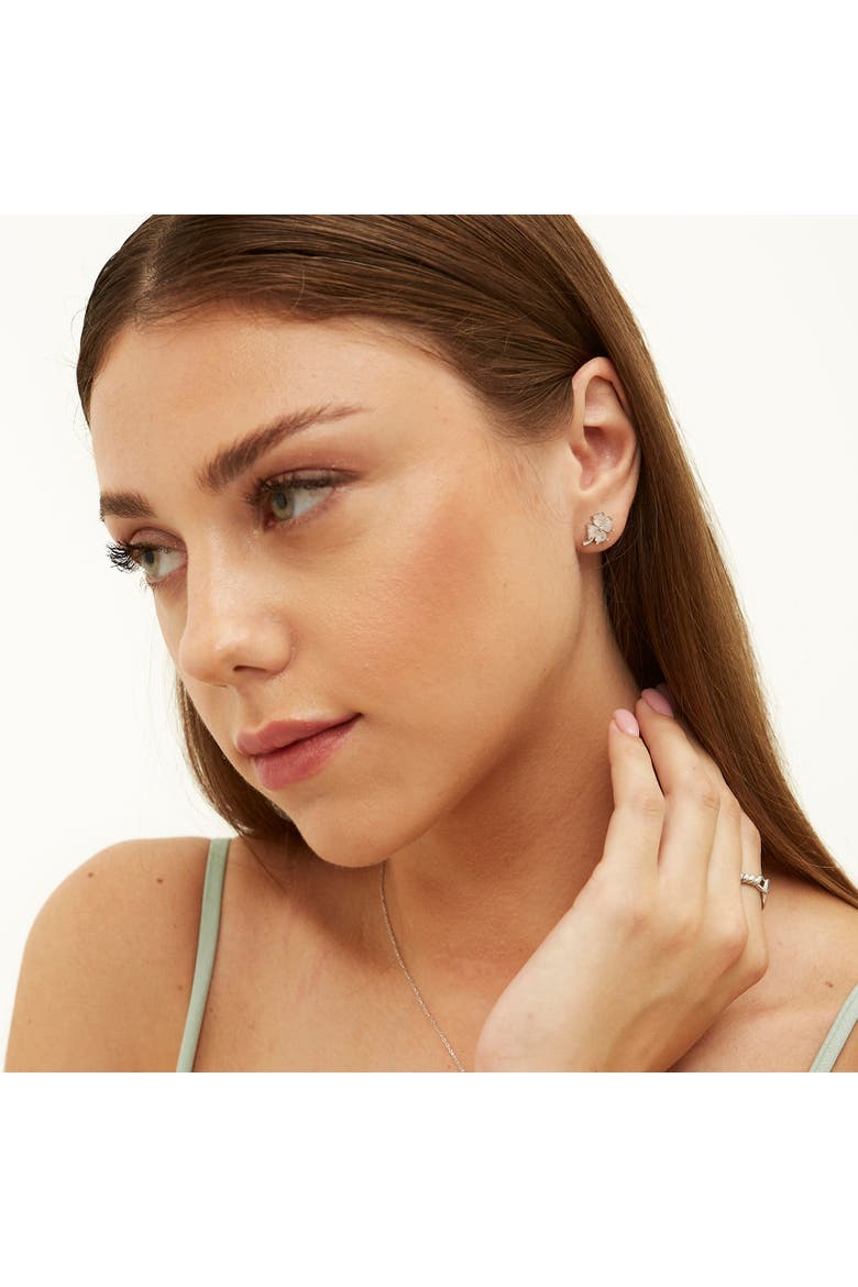 Four Leaf Clover Sterling Silver Stud Earrings - White, Alternate, color, Silver