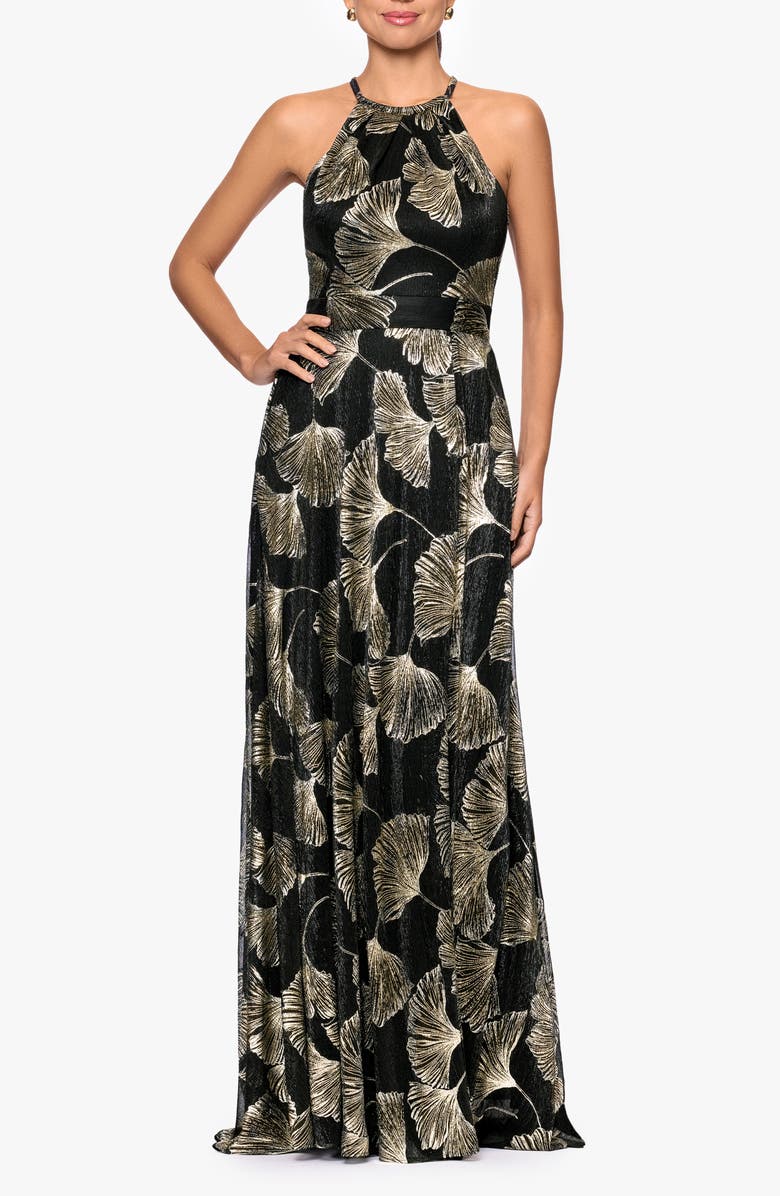 Betsy & Adam Metallic Floral Pattern Sleeveless Dress, Main, color, Black/ Gold