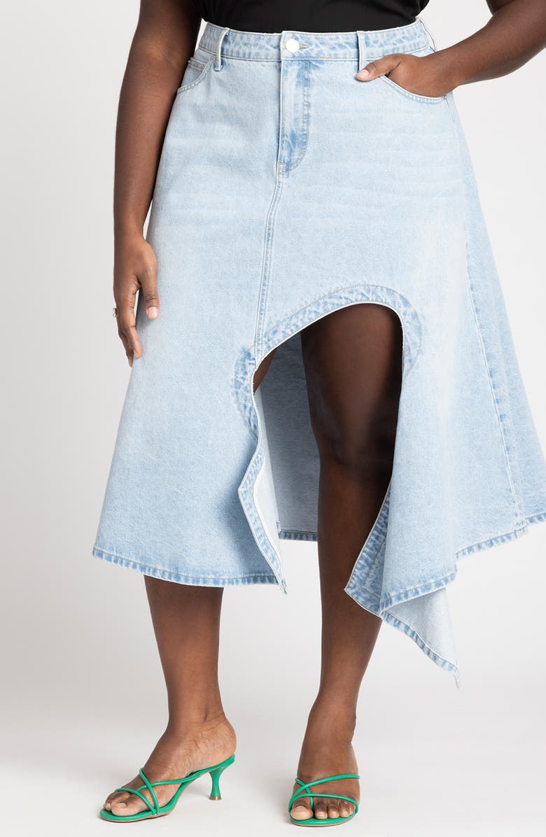 ELOQUII Cutout Handkerchief Hem Denim Skirt, Main, color, 