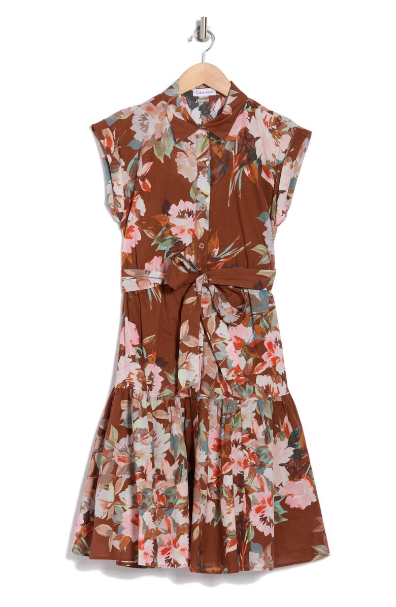 Calvin Klein Floral Cap Sleeve Cotton Shirtdress, Alternate, color,