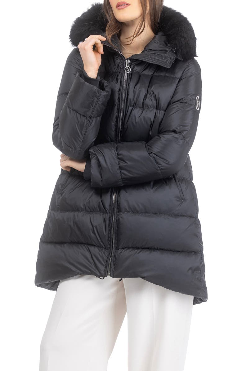 GORSKI Apres-Ski Horizontal Parka Coat with Detachable Toscana Lamb Hood Trim, Alternate, color, Black/Black