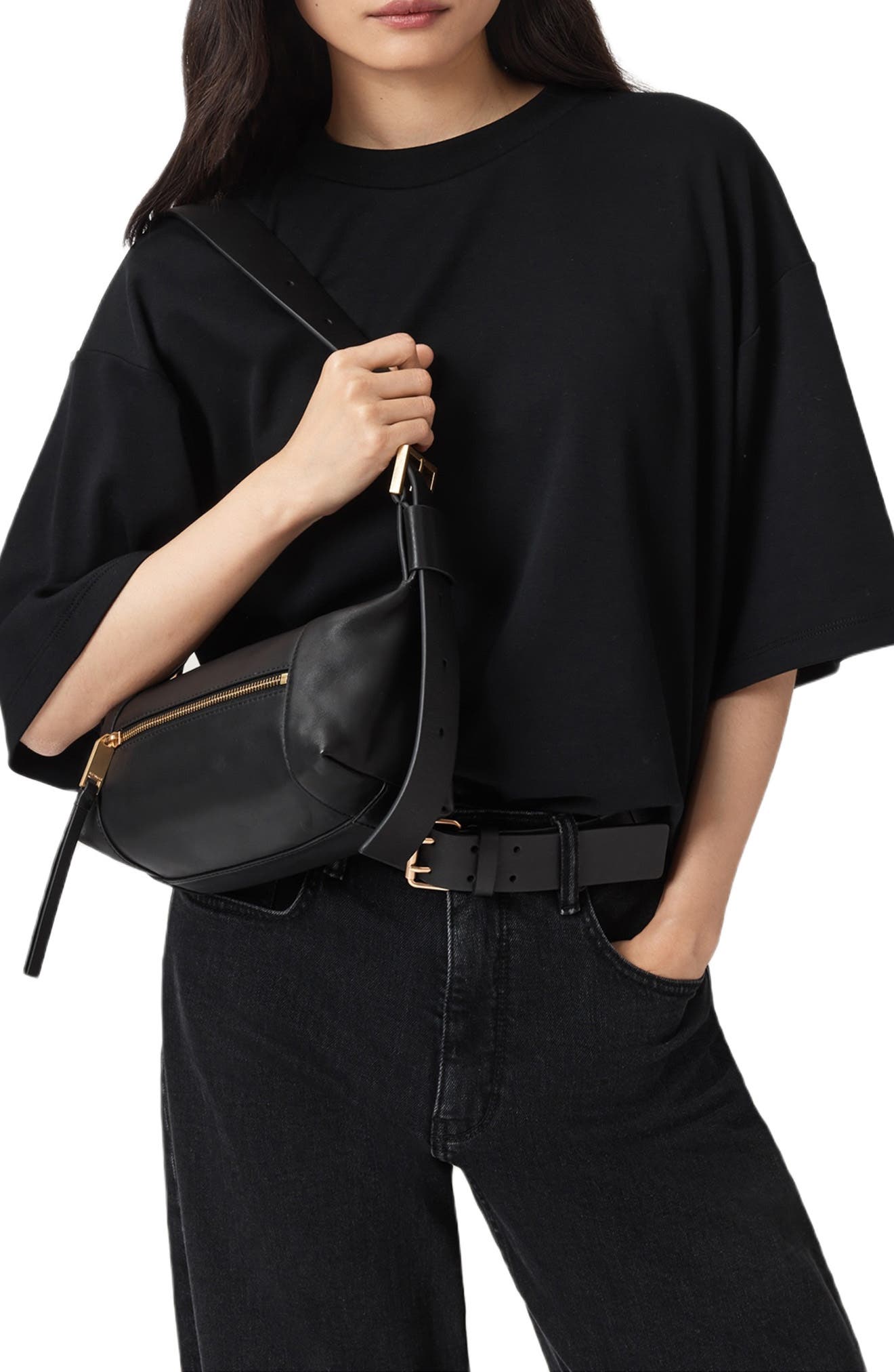 AllSaints Mini Vega Leather Shoulder Bag, Alternate, color, Black