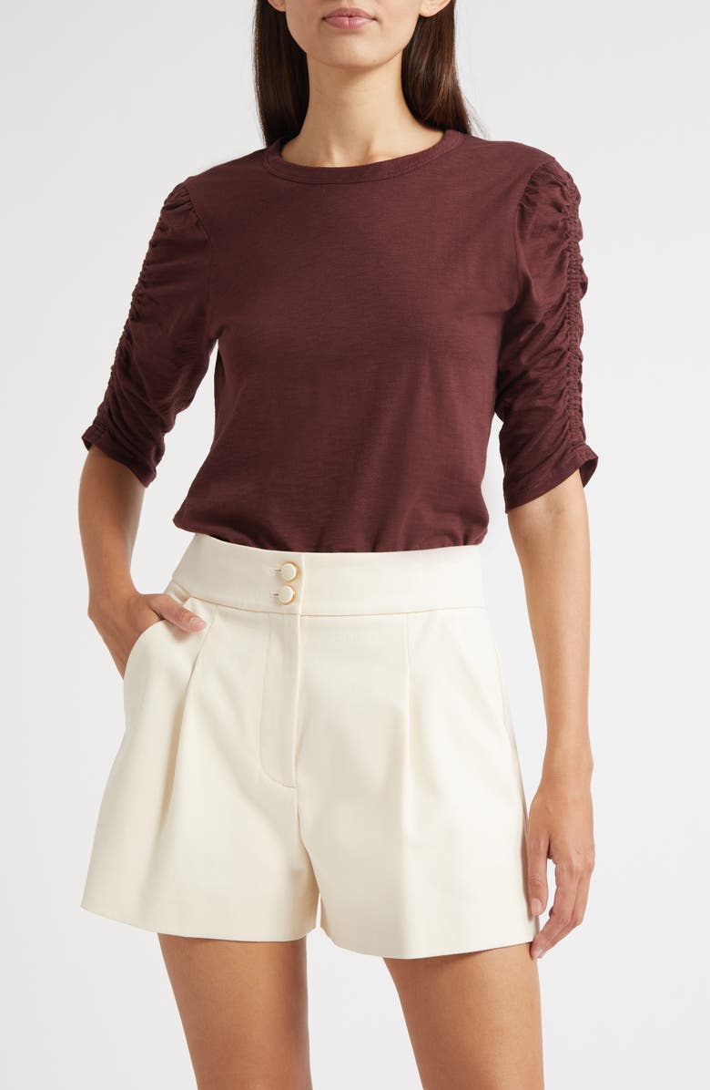Veronica Beard Waldorf Ruched Sleeve Cotton Slub Top, Main, color, Raisin