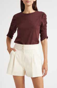 Veronica Beard Waldorf Ruched Sleeve Cotton Slub Top
