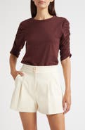 Veronica Beard Waldorf Ruched Sleeve Cotton Slub Top