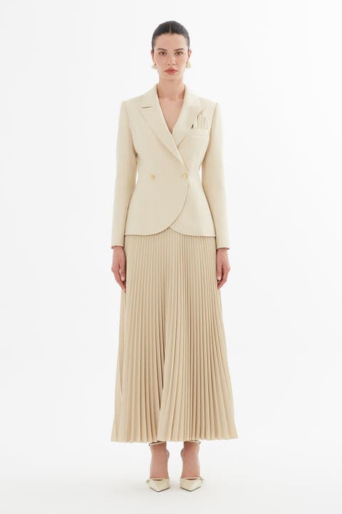 Double-Breasted Jacket and Pleated Skirt