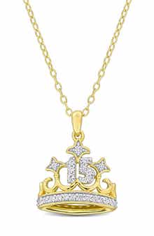 DELMAR Created White Sapphire 15 Crown Quinceañera Pendant Necklace