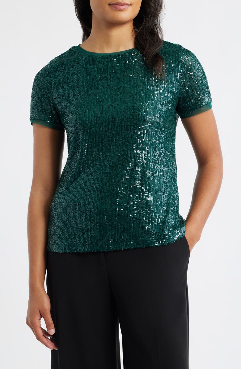 Anne Klein Short Sleeve Sequin Mesh Top, Main, color, Pine Forest