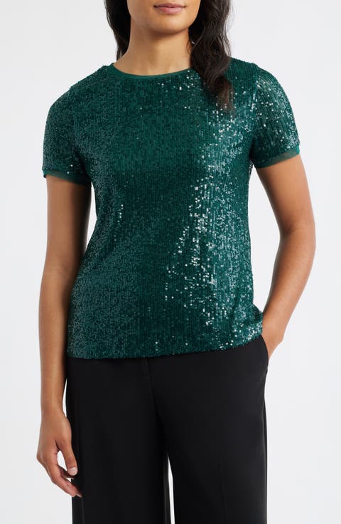 Short Sleeve Sequin Mesh Top