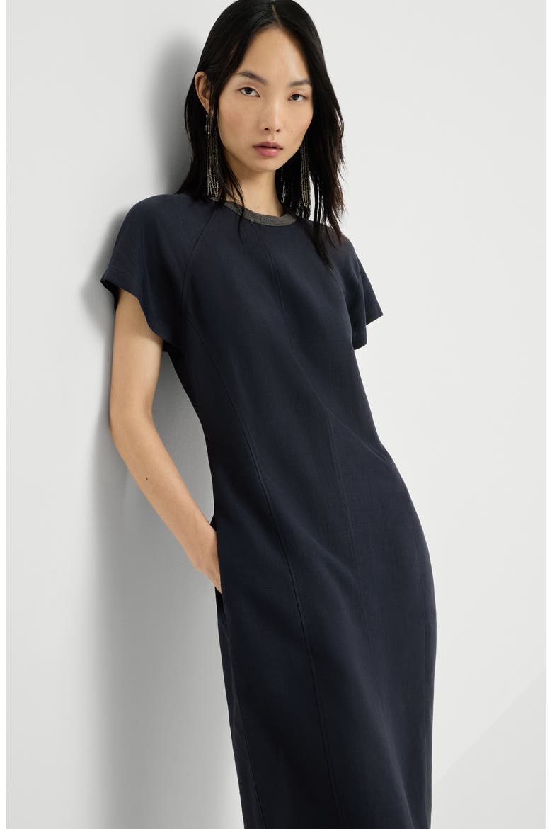 Viscose and linen fluid twill dress with precious collar, Alternate, color, Blue