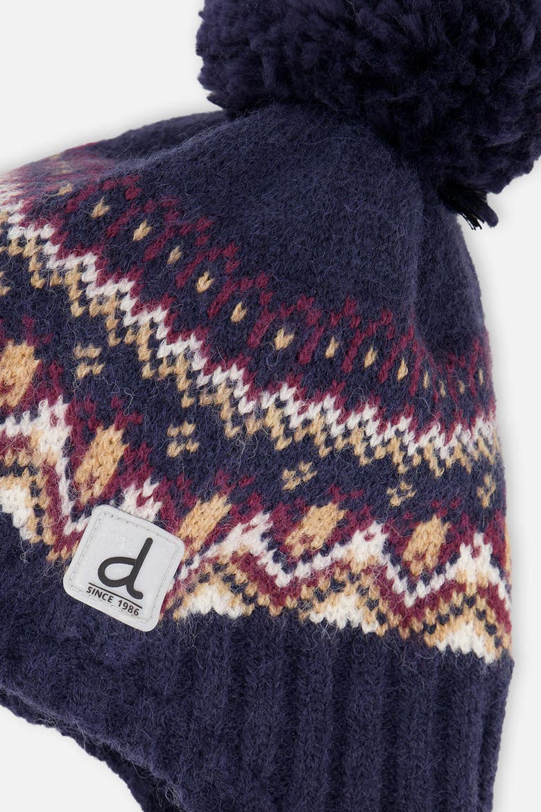 Winter Fair Isle Earflap Peruvian Knit Hat with Pompom, Alternate, color, Blue and Red Jacquard