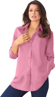 Roaman's Plus Size Kate Long Sleeve Easy Cotton Blend Button Front Shirt
