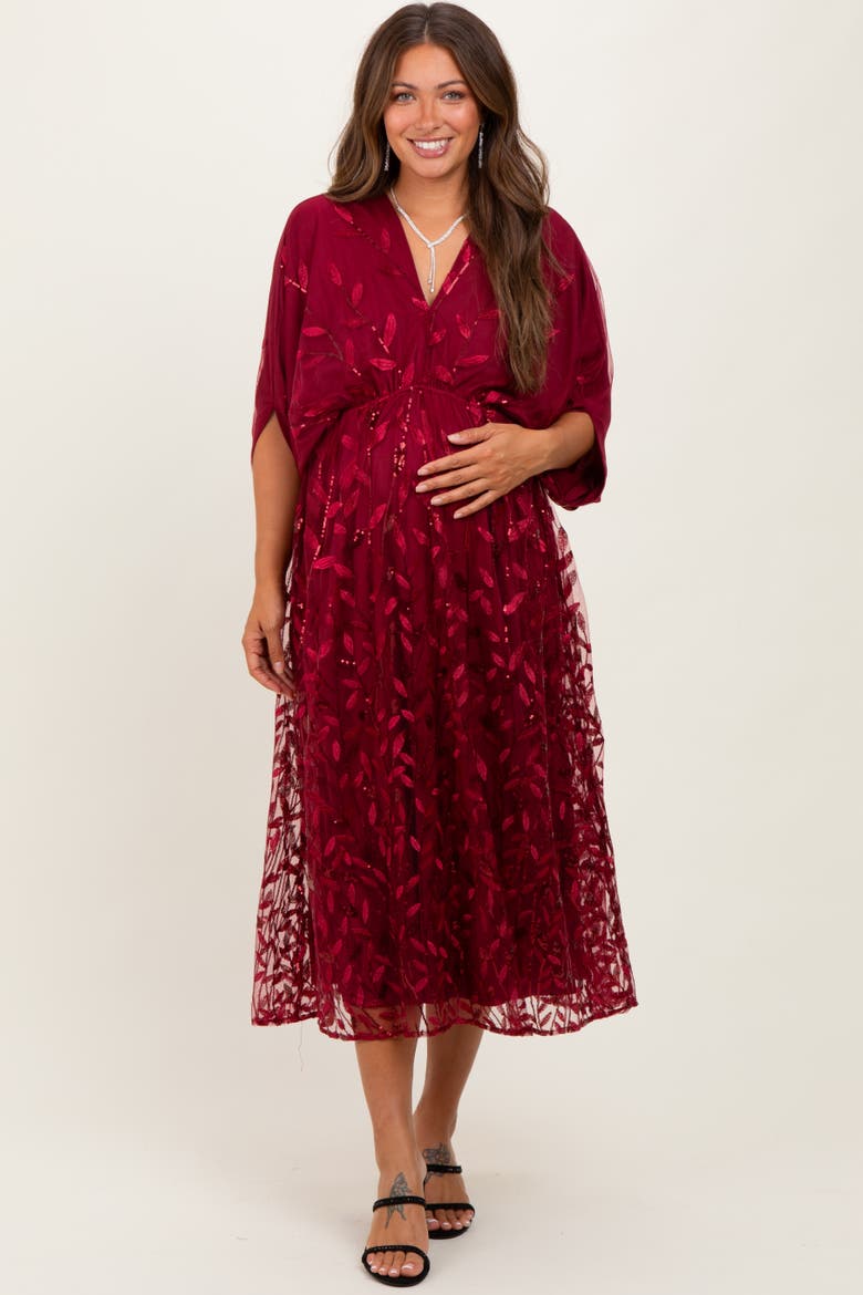 Embroidered Tulle Dolman V-Neck Midi Dress, Main, color, Burgundy