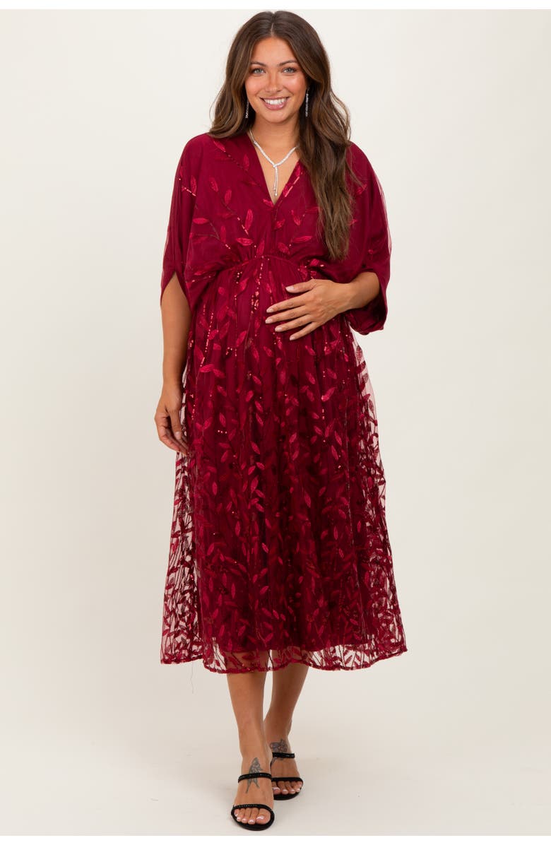 PinkBlush Embroidered Tulle Dolman V-Neck Midi Dress, Main, color, Burgundy